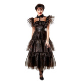 Adult Wednesday Rave’n Deluxe Costume with gothic black dress, puffed tulle shoulders and layered skirt – Wednesday Addams cosplay outfit