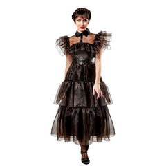 Adult Wednesday Rave’n Deluxe Costume with gothic black dress, puffed tulle shoulders and layered skirt – Wednesday Addams cosplay outfit