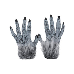 Grey werewolf costume gloves with long fingers and fur trim – adult Halloween accessory