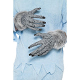 Grey werewolf costume gloves with long fingers and fur trim – adult Halloween accessory