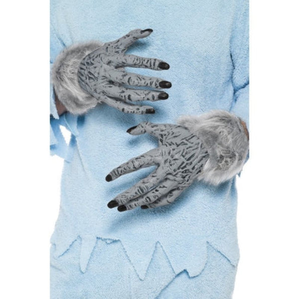 Grey werewolf costume gloves with long fingers and fur trim – adult Halloween accessory