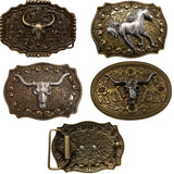 Collection of ornate belt buckles featuring animal designs on a white background