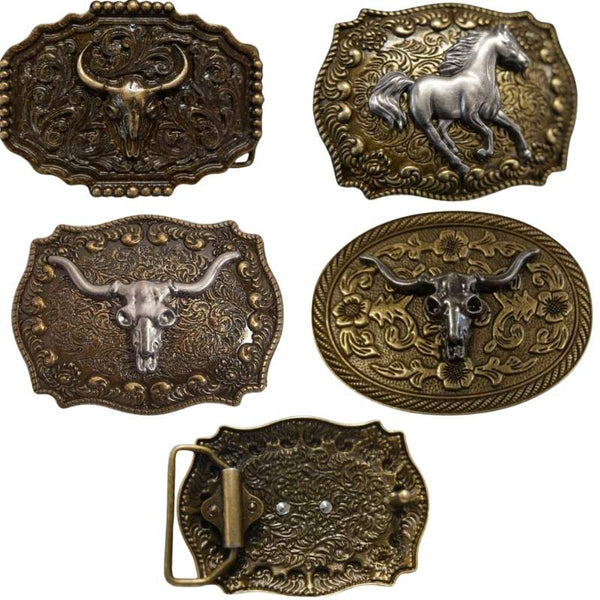 Collection of ornate belt buckles featuring animal designs on a white background