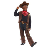 Western cowboy child costume, brown fringed vest with badge, decorated chaps with fringing, neckscarf and felt hat.