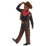 Western cowboy child costume, brown fringed vest with badge, decorated chaps with fringing, neckscarf and felt hat.