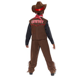 Western cowboy child costume, brown fringed vest with badge, decorated chaps with fringing, neckscarf and felt hat., vest has "cowboy" printed in red on the back of the vest.