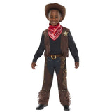 Western cowboy child costume, brown fringed vest with badge, decorated chaps with fringing, neckscarf and felt hat.