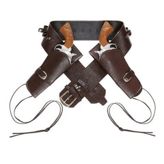 Brown western double holsters belt with leather-look finish for costume wear