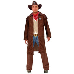 Western sheriff adult costume with fringed jacket, waistcoat, chaps and bandana
