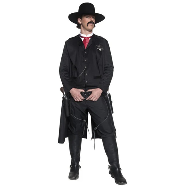 Men’s Western Sheriff costume with black duster coat, waistcoat, red bow tie, and sheriff badge