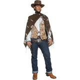 Man wearing a cowboy costume with a hat, shirt, jeans, and poncho on a white background