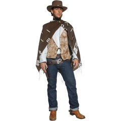 Western Wandering Gunman Costume with poncho, waistcoat, faux shirt, and neck scarf