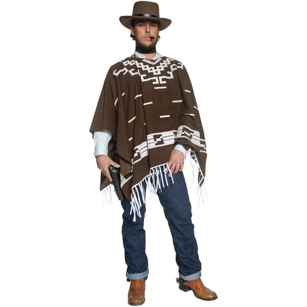 Western Wandering Gunman Costume with poncho, waistcoat, faux shirt, and neck scarf