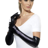 Wet Look Black Gloves in lycra and sit above the elbow.
