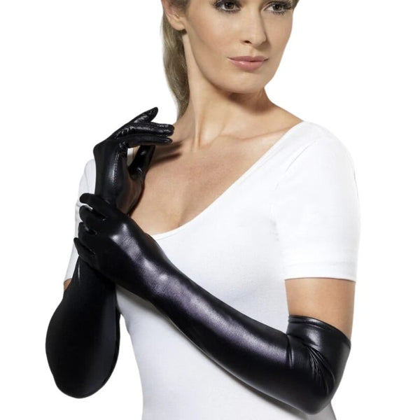 Wet Look Black Gloves in lycra and sit above the elbow.
