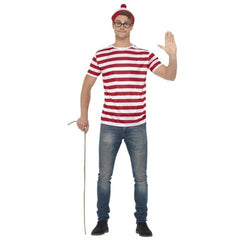 Adult Where's Wally costume kit with striped shirt, bobble hat, and glasses – ideal for Book Week and 80s or 90s parties