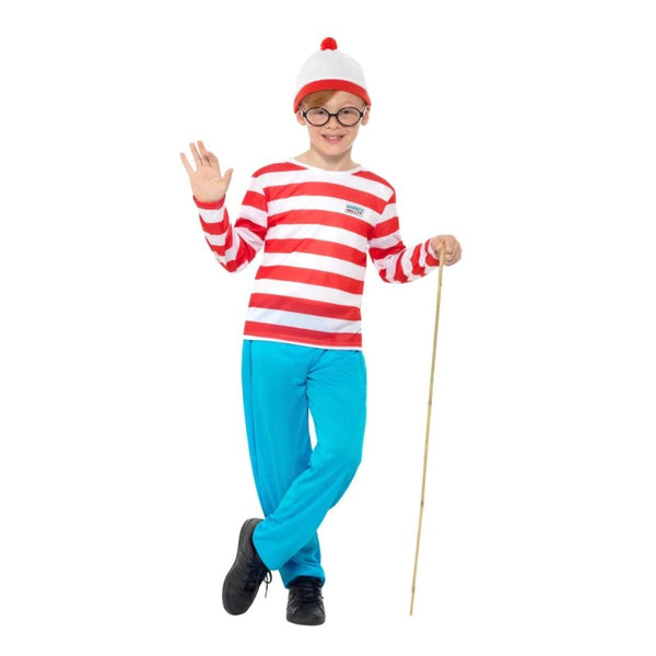 Where’s Wally boys costume with striped top, blue trousers, glasses, and hat – licensed Book Week outfit
