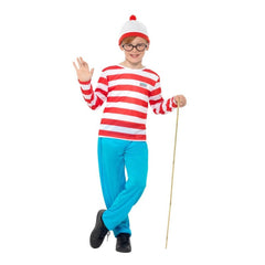 Where’s Wally boys costume with striped top, blue trousers, glasses, and hat – licensed Book Week outfit
