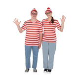 Couple wearing Where's Wally costumes with red white striped shirts beanies and glasses