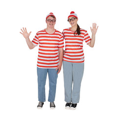 Couple wearing Where's Wally costumes with red white striped shirts beanies and glasses