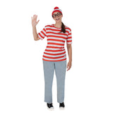 Woman wearing Where's Wally costume adult red white striped shirt beanie and glasses