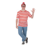 Where's Wally adult costume with red and white striped shirt beanie and glasses
