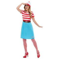 Wheres wally wenda ladies costume, dress with blue skirt, red and white stripe bodice, top and hat.