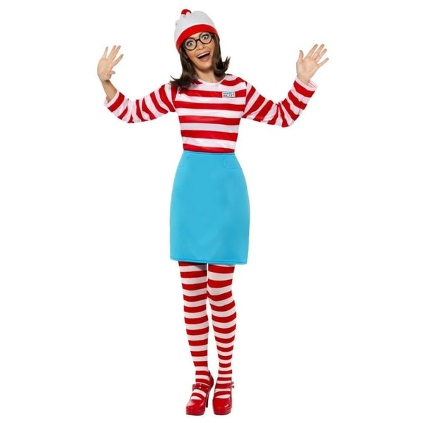Woman wearing an officially licensed Where's Wally Wenda costume with striped top, blue skirt and beanie for Book Week