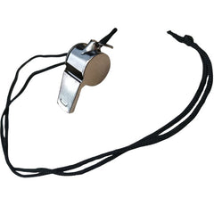 Metallic whistle with a black lanyard on a white background
