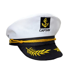 White Admiral/Captain Hat with "captain" print with anchor on front on cap.
