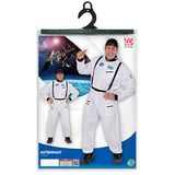 Astronaut costume packaging with a person wearing the costume on a white background