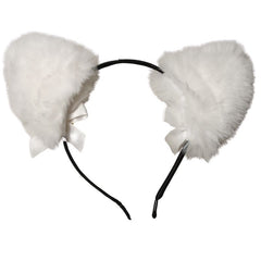 White fluffy cat ears with pink inner ears on a black headband against a white background