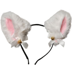 White fluffy cat ears with pink inner ears on a black headband against a white background