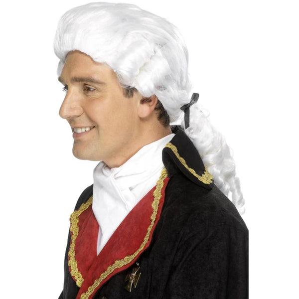 White court wig with ponytail, ribbon, ringlets, and curls for judge or colonial costumes