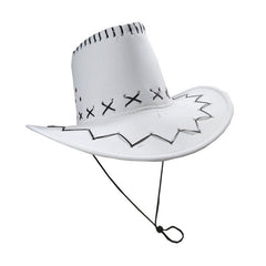 White cowboy hat with rope cord, suede-style finish, and brown trim – perfect for cowgirl or western costumes