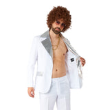 Detail of sequin lapels on white disco suit costume