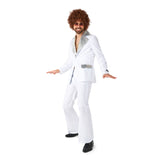 Man wearing white disco suit with silver lapels and pocket flaps