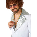White disco suit with wide sequin lapel and collar