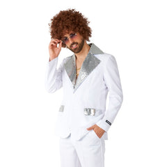 White Disco Suit by Suitmeister with silver sequin lapels and matching trousers – retro 70s & 80s party outfit