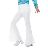 White flared trousers for men typical of the 1970's, zip closure and wide flare.