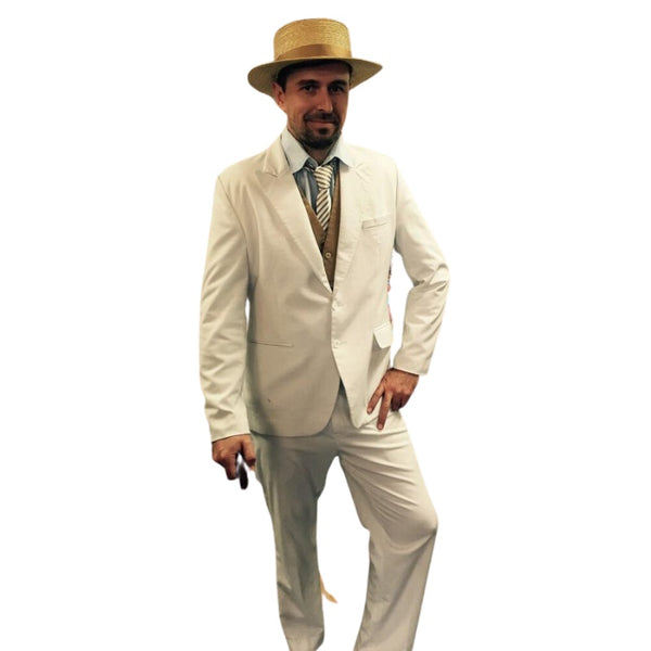 White Gatsby suit with tan vest, boater hat and cane for hire in Brisbane