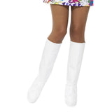 White GoGo boot covers with stretch fit and elastic strap, perfect for 60s or 70s retro costumes