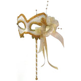 white gold masquerade mask on stick with ribbon detail