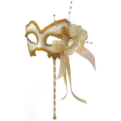 white gold masquerade mask on stick with ribbon detail