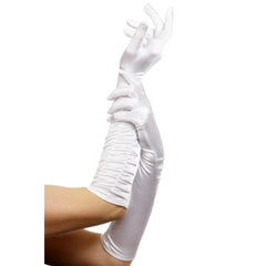 White Long Temptress Gloves, elbow length with ruching and satin finish.