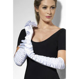White Long Temptress Gloves, elbow length with ruching and satin finish.