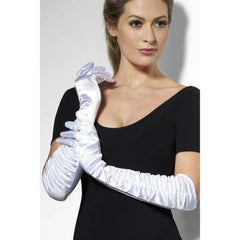 White Long Temptress Gloves, elbow length with ruching and satin finish.
