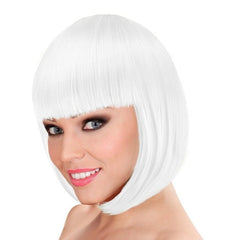 White Lou Lou Bob Wig with short straight hair and blunt fringe – adult costume wig