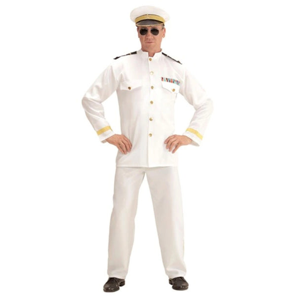 White Navy Captain Costume for adult men with jacket, pants and captain hat front view