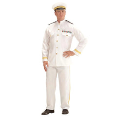 White Navy Captain Costume for adult men with jacket, pants and captain hat front view